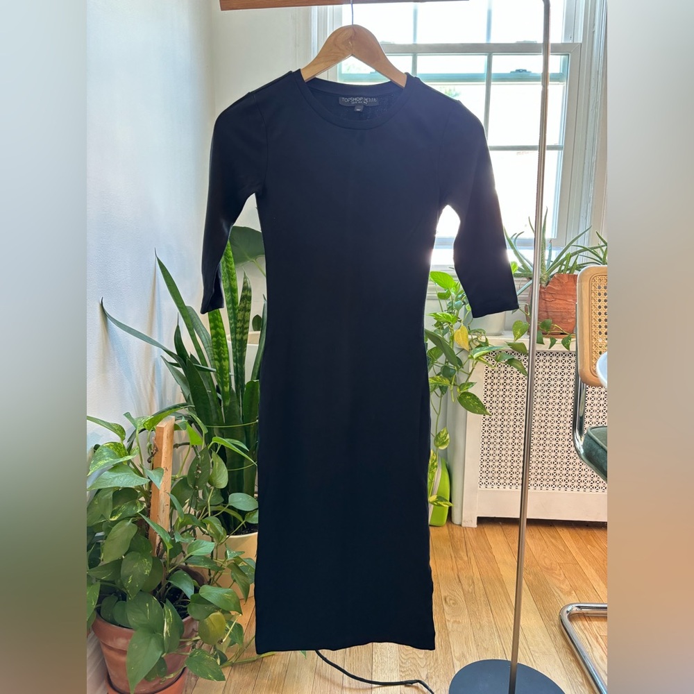 Topshop PETITE Black Midi Dress with quarter length sleeves